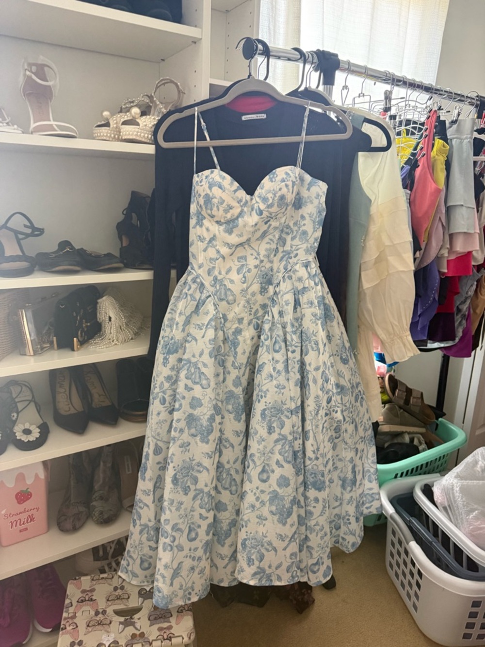 Windsor White and Light Blue Floral Basque-Waist Corset Lined Dress